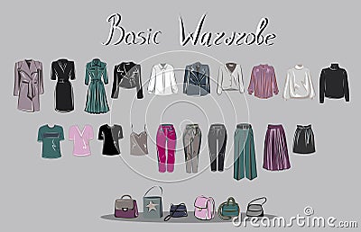 Clothes and bags. Coats and dresses, skirts and blouses, trousers and jeans, backpack and briefcase, handbags. Fashion. The basic Vector Illustration